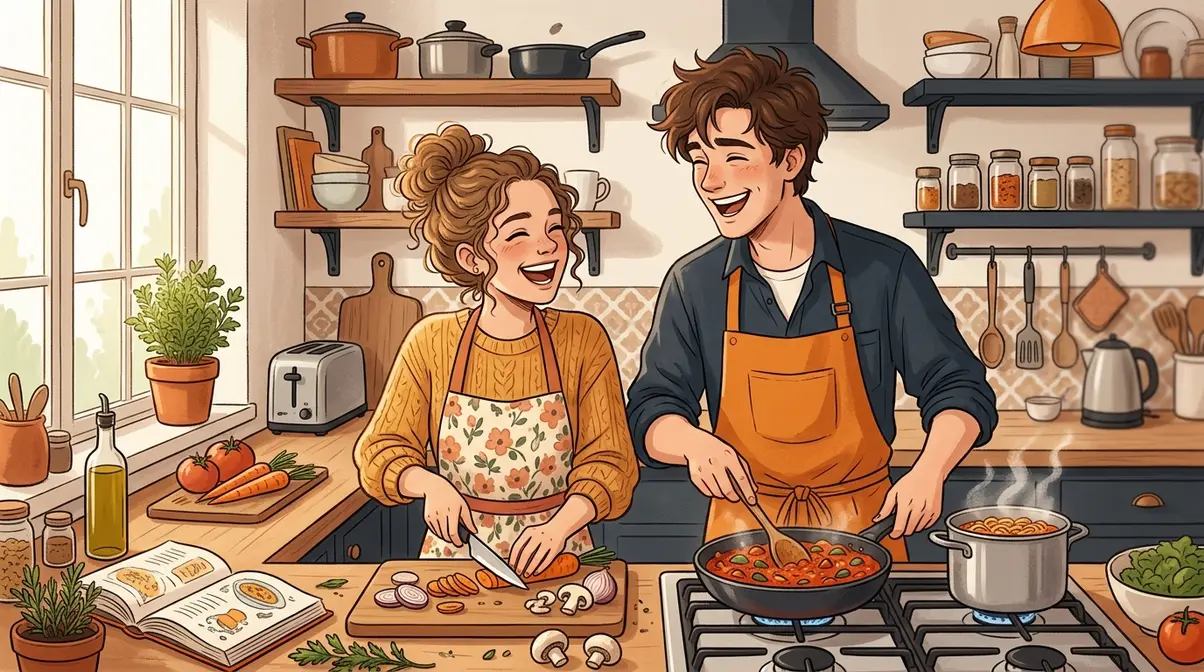 A couple happily cooking together, illustrating the warm and positive 'golden retriever energy' in a daily life setting.