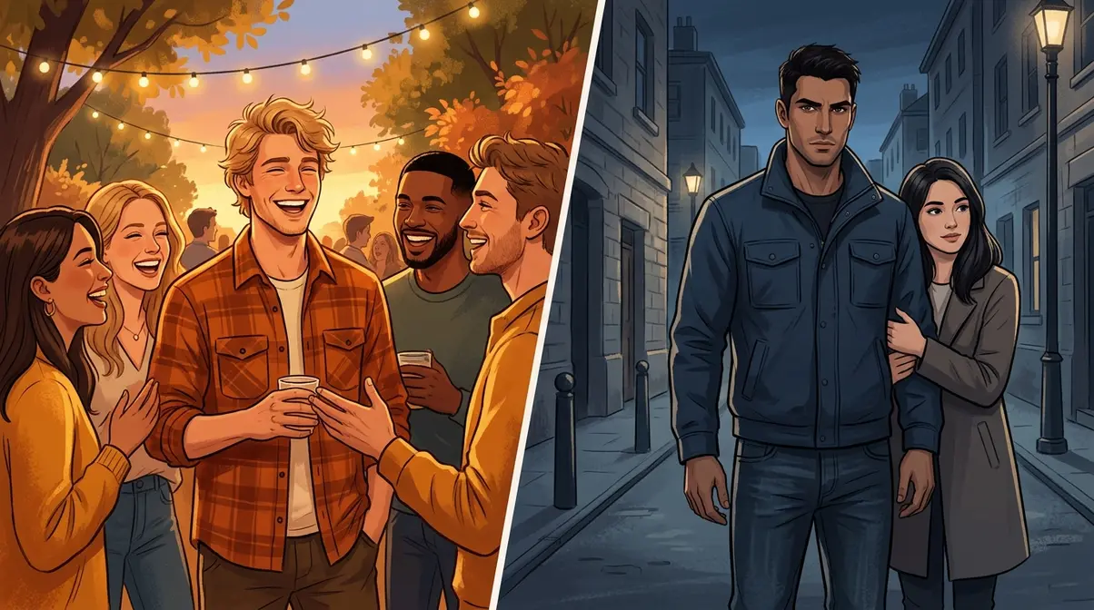 A split-screen image comparing the open, social 'golden retriever boy' with the reserved, protective 'Doberman boy' archetype.