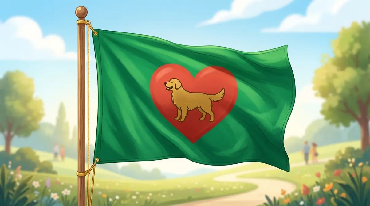 A large green flag with a heart, symbolizing that being called a 'golden retriever boy' is a positive compliment in modern dating.