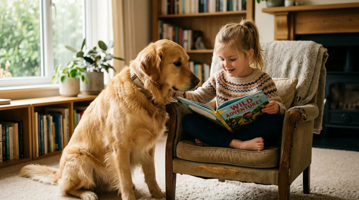A real Golden Retriever dog sitting gently with a child, showing the trustworthy temperament that inspired the slang term.