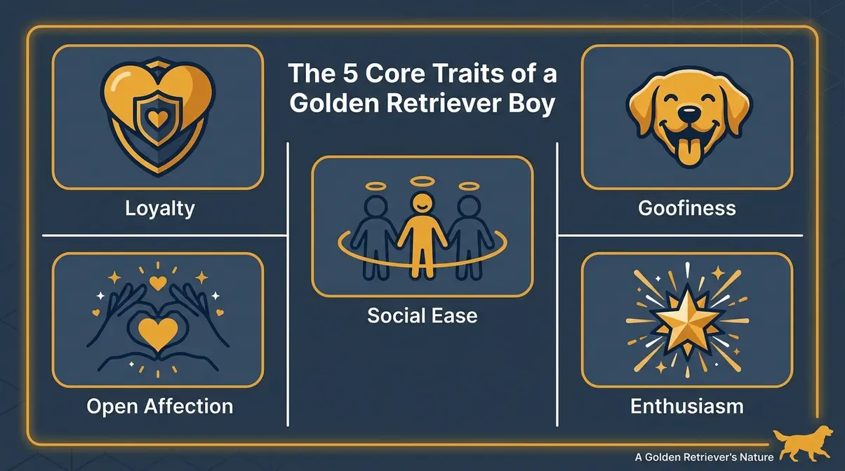 Infographic showing the 5 key personality traits of a golden retriever boy: loyal, goofy, social, affectionate, and enthusiastic.