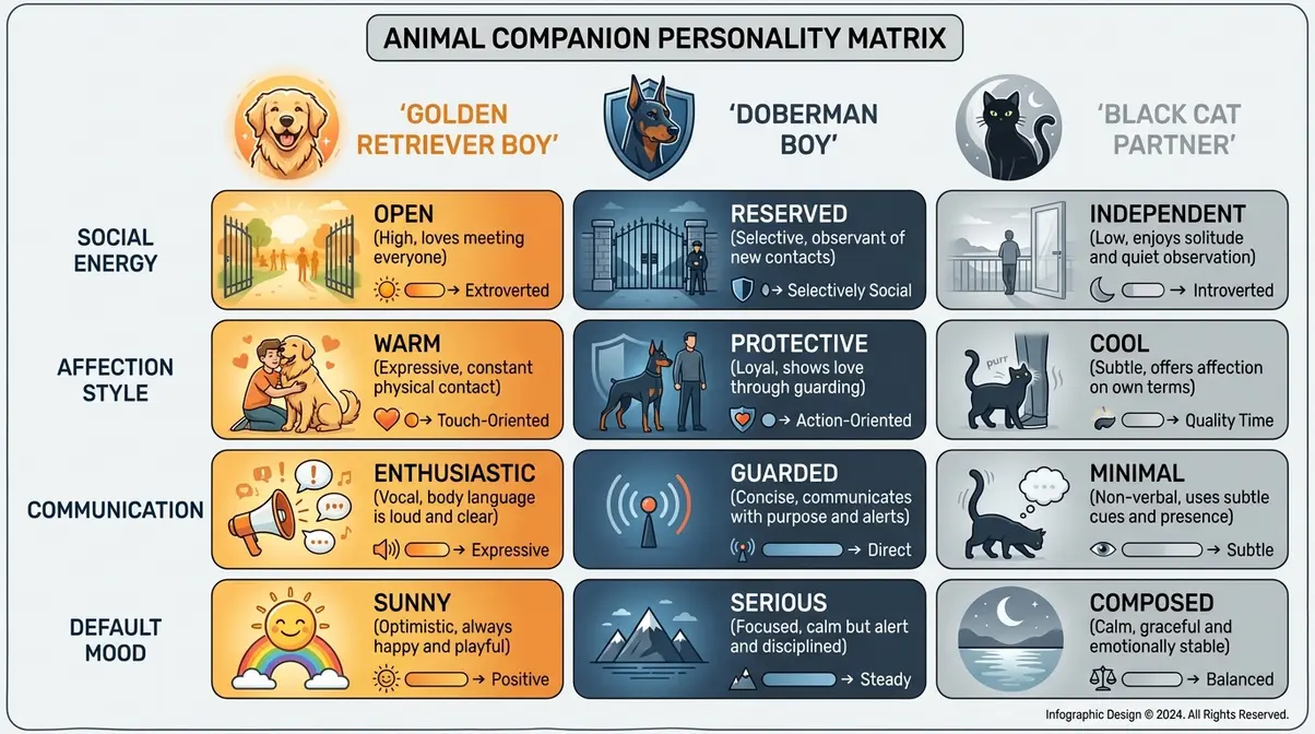 A comparison chart contrasting the personality traits of a golden retriever boy, a Doberman boy, and a black cat partner.
