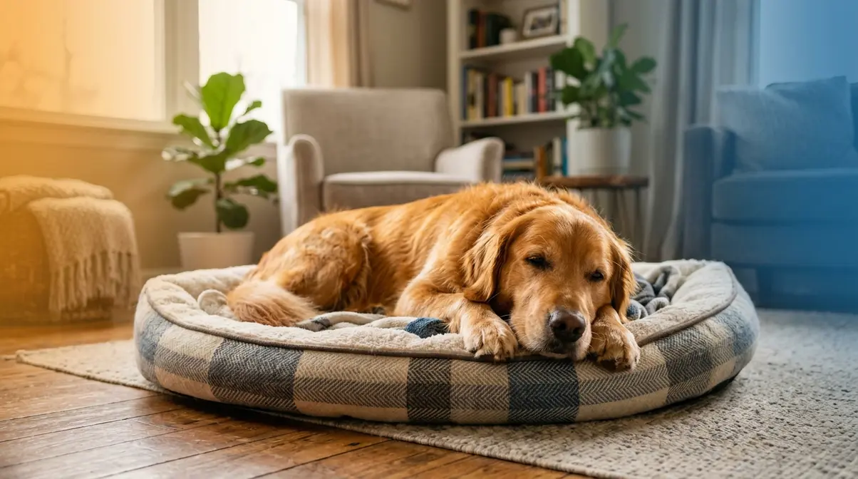 Calm Golden Retriever resting on a cozy bed managing general anxiety