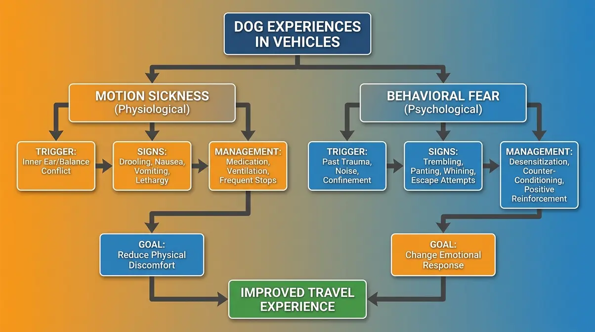Diagnostic flowchart comparing motion sickness and behavioral fear in dogs