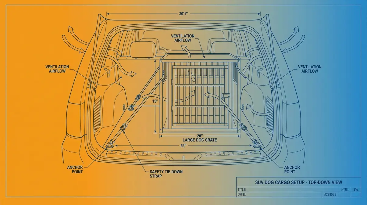 Diagram showing the optimal SUV cargo setup for a large Golden Retriever