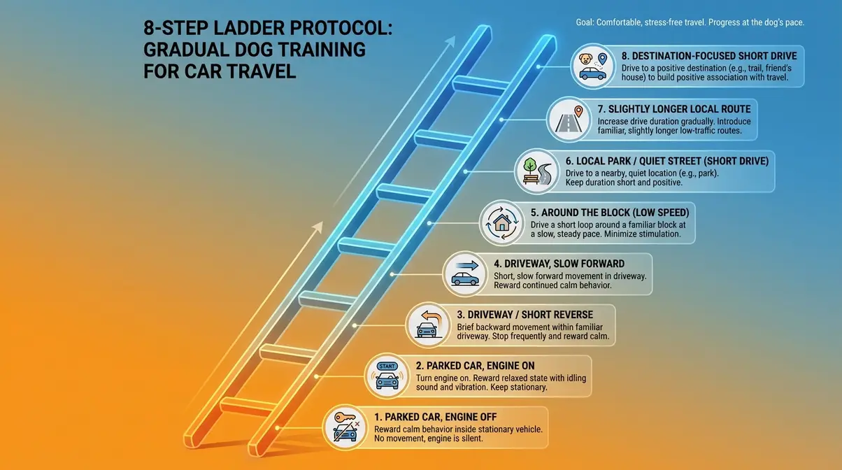 Infographic showing the 8-step Trust Ladder protocol for Golden Retriever car anxiety