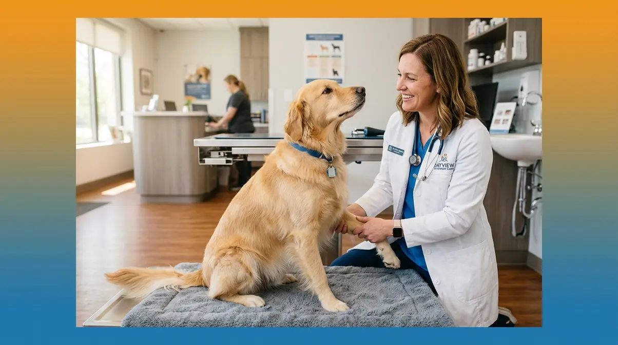 Veterinarian examining a Golden Retriever to consult about severe car anxiety