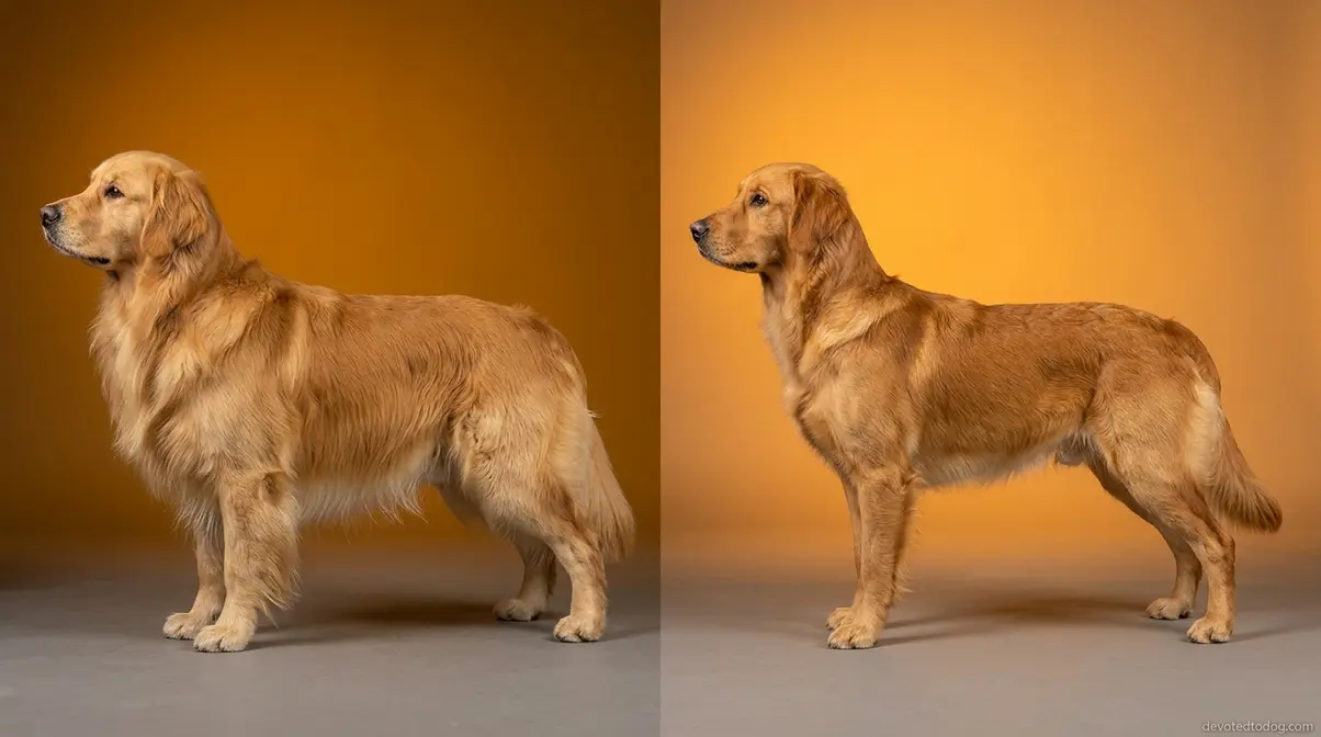 Show line Golden Retriever with full feathered coat beside field line Golden with shorter practical coat