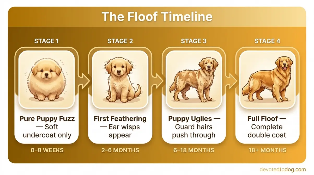 Golden retriever coat stages infographic showing four development phases from puppy fuzz to full adult coat with age markers