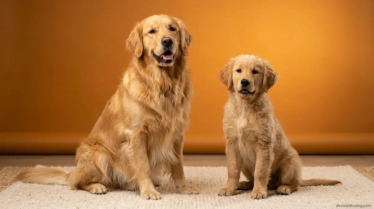 Golden retriever coat timeline showing young puppy with early feathering beside fully coated adult dog