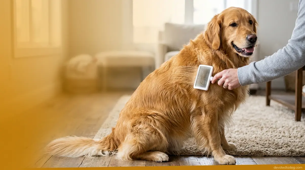 Golden Retriever being brushed showing the dense undercoat and guard hair layers of the double coat