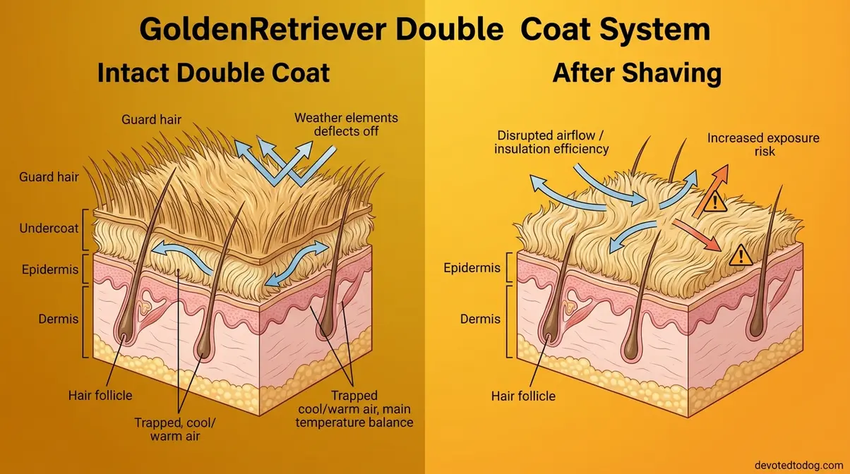 Diagram showing how Golden Retriever double coat insulation works versus the damage caused by shaving