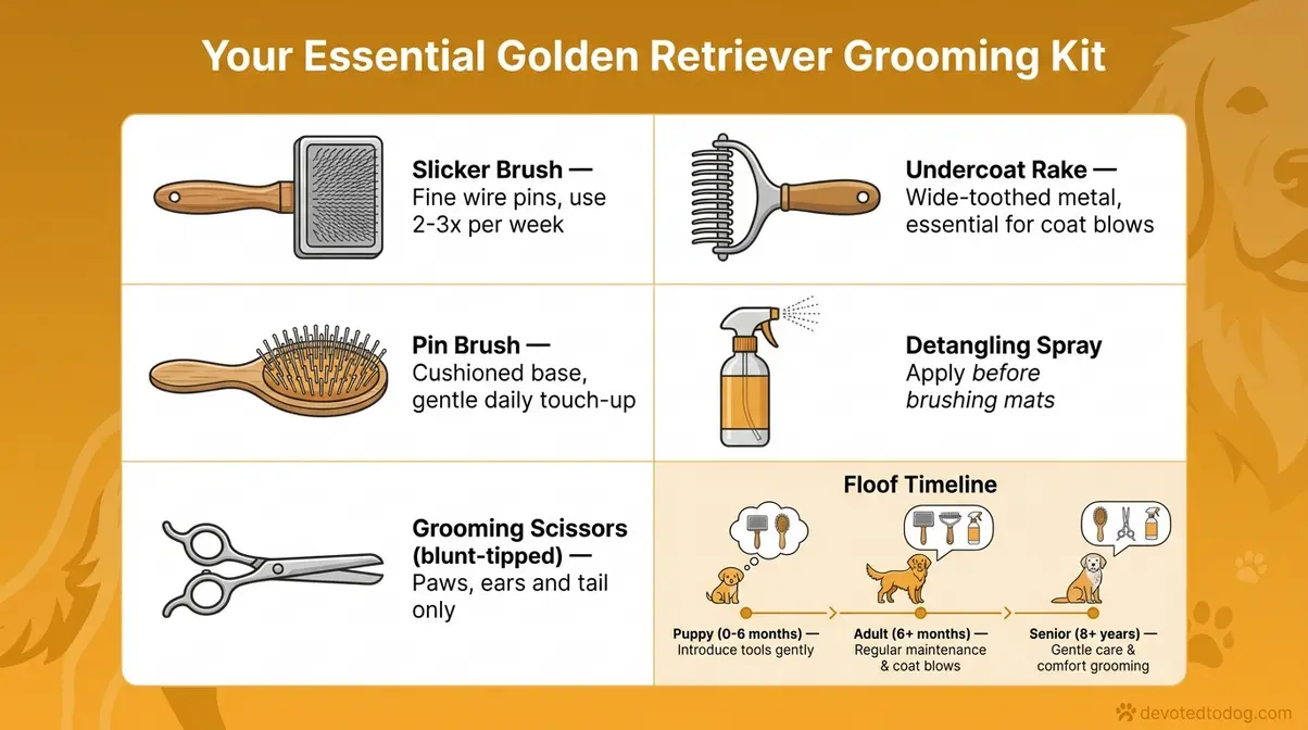Illustrated grooming kit infographic showing five essential tools for golden retriever coat care including slicker brush and undercoat rake