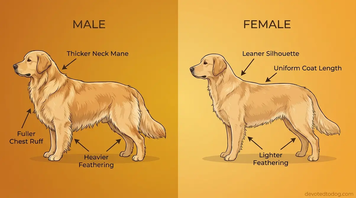 Side-by-side diagram comparing male Golden Retriever thick neck mane versus female Golden Retriever coat at 18 months