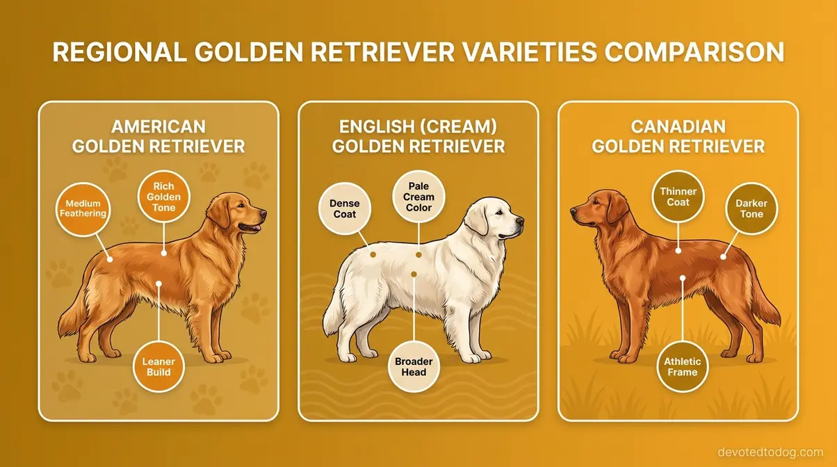 Side by side comparison of American, English Cream, and Canadian golden retriever coat types