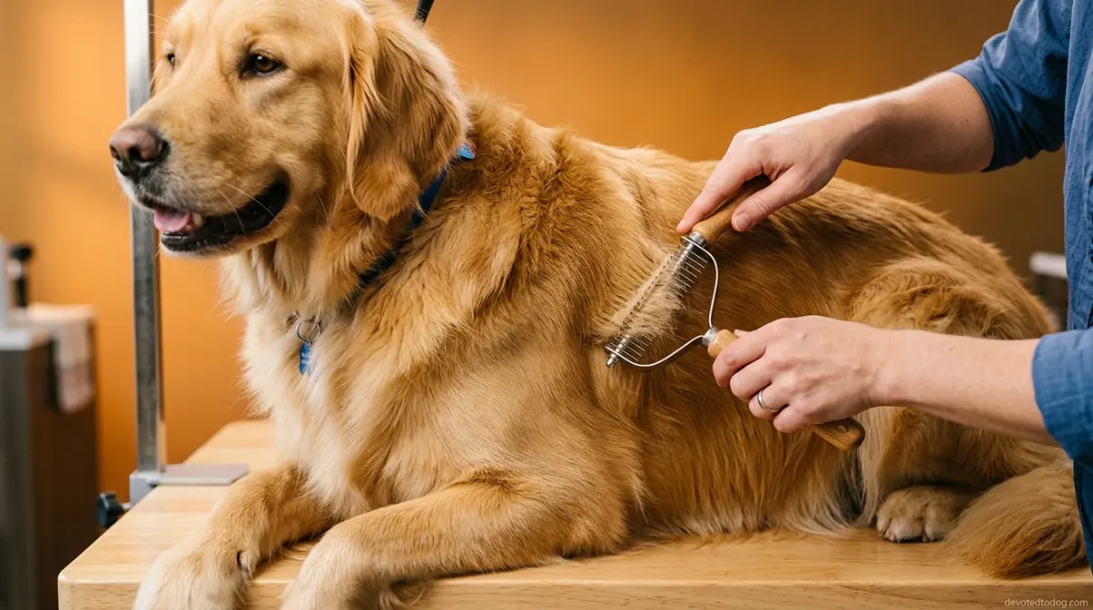 Golden retriever coat being groomed with undercoat rake showing healthy dense double coat layers