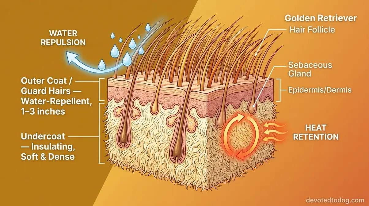 Golden retriever coat types diagram showing outer guard hairs and dense undercoat layers
