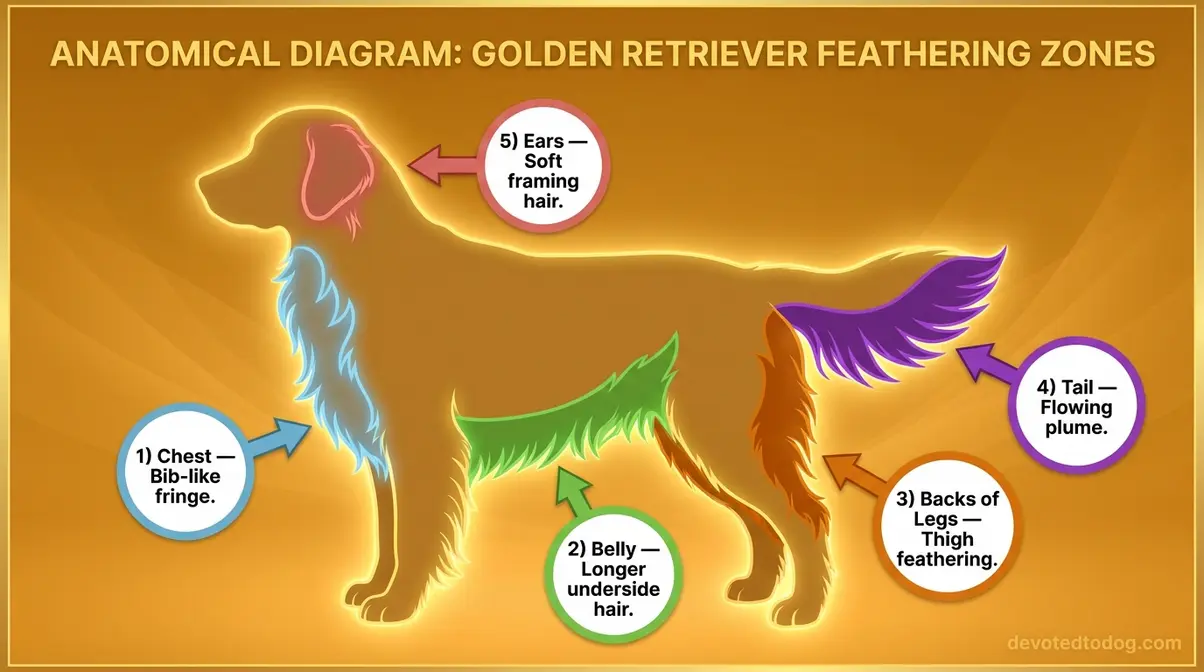 Diagram showing feathering locations on a golden retriever body including chest legs tail and belly