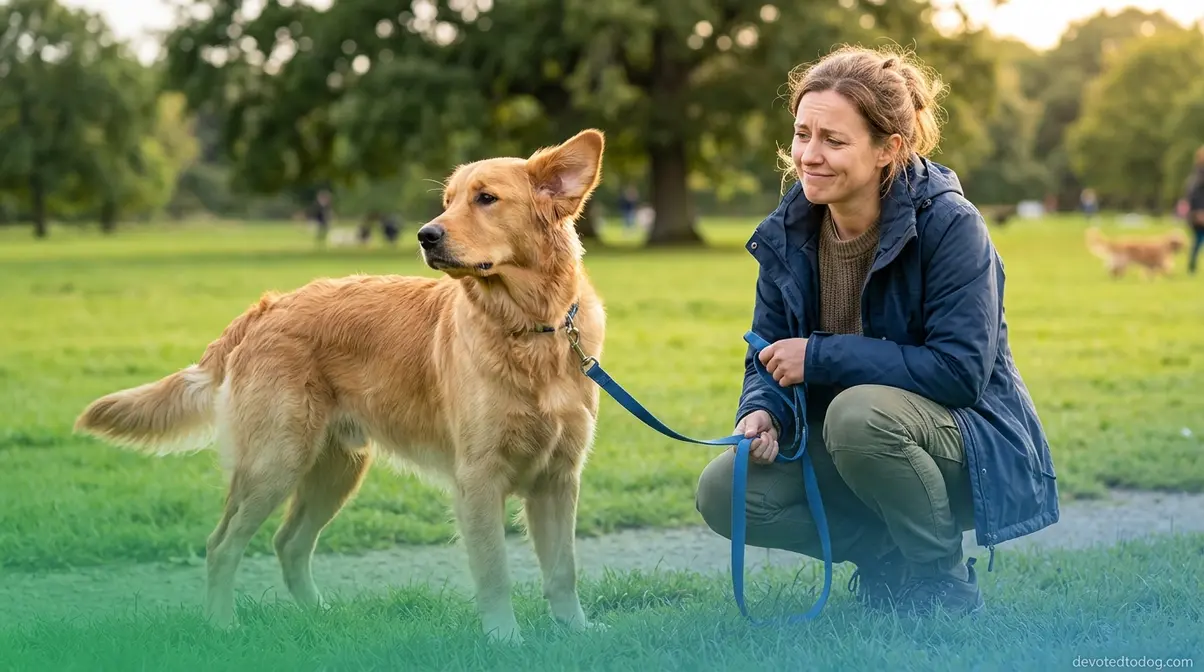 Golden Retriever adolescent ignoring owner command during leash training in a park