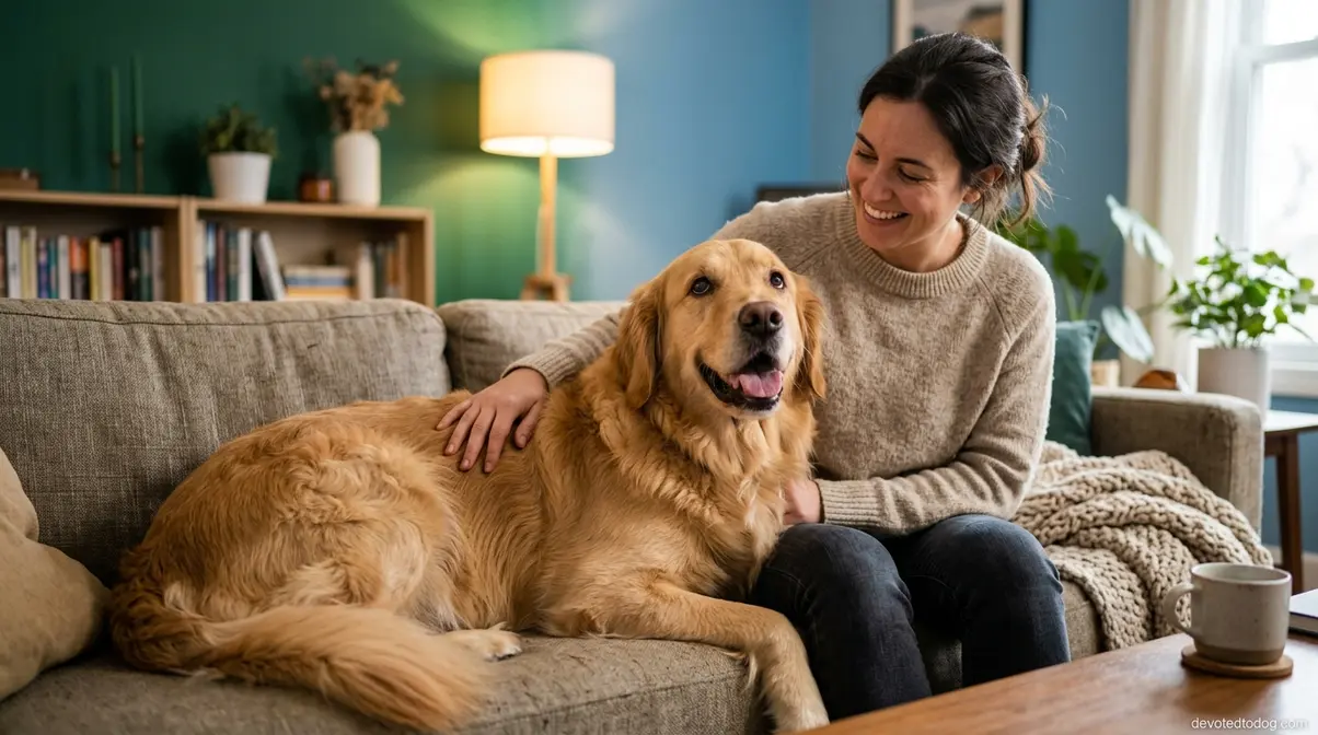 Golden Retriever doing the classic Golden lean affection signal against owner on couch