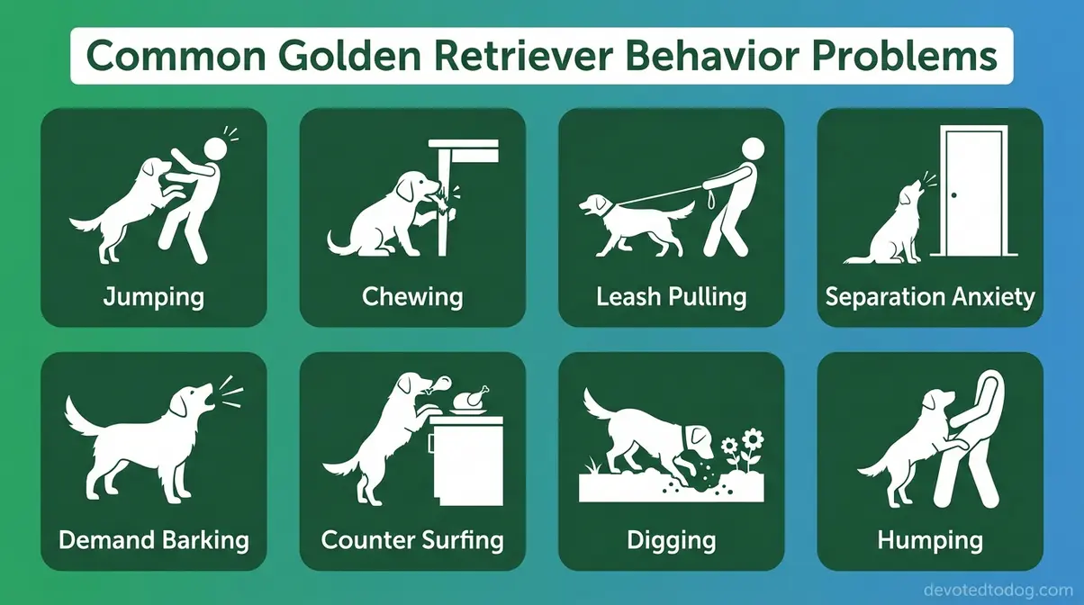 Golden retriever behavior problems illustrated guide showing eight common issues including jumping and chewing
