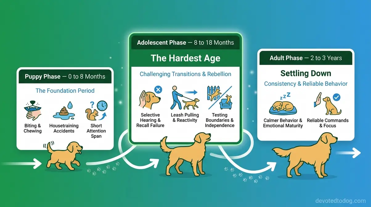 Golden retriever behavior timeline infographic showing puppy adolescent and adult developmental stages