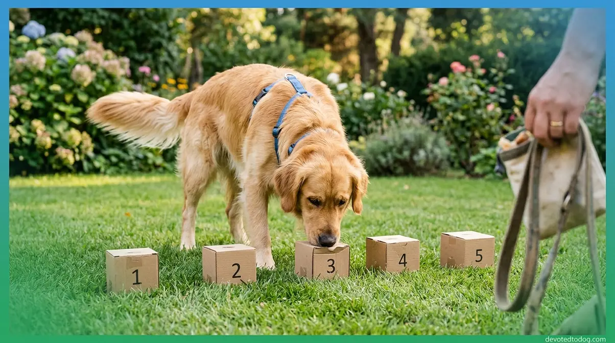 Golden Retriever doing nose work mental stimulation exercise to prevent boredom behavior problems