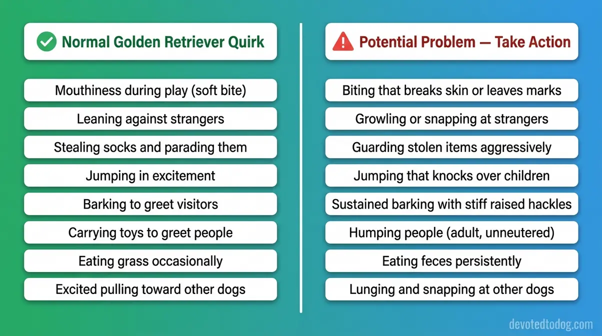 Comparison chart showing normal golden retriever quirks versus behaviors that need professional attention