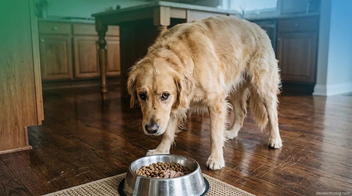 Golden Retriever displaying resource guarding posture over food bowl with stiff body language