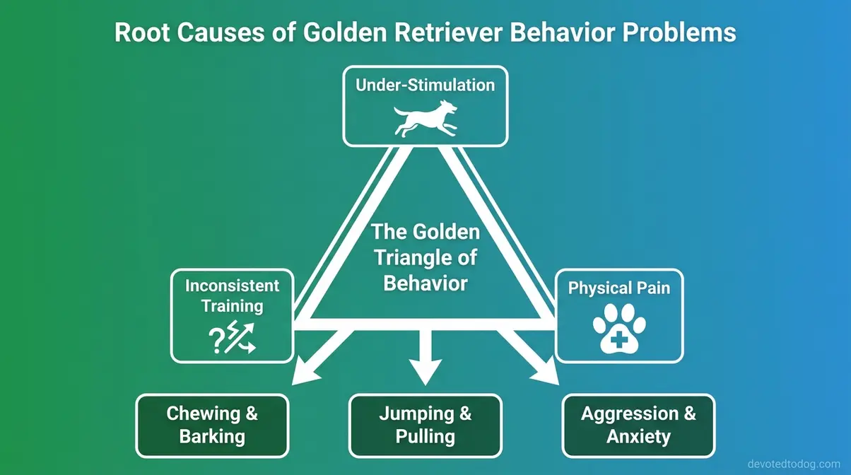 Golden retriever behavior root causes diagram showing under-stimulation inconsistent training and physical pain triangle