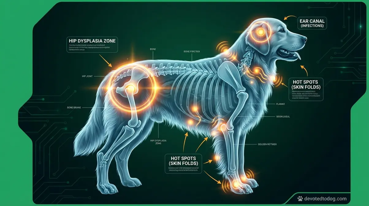 Anatomical diagram of a Golden Retriever highlighting hip joints, skin hot spot areas, and ear canal for golden retriever health problems symptoms