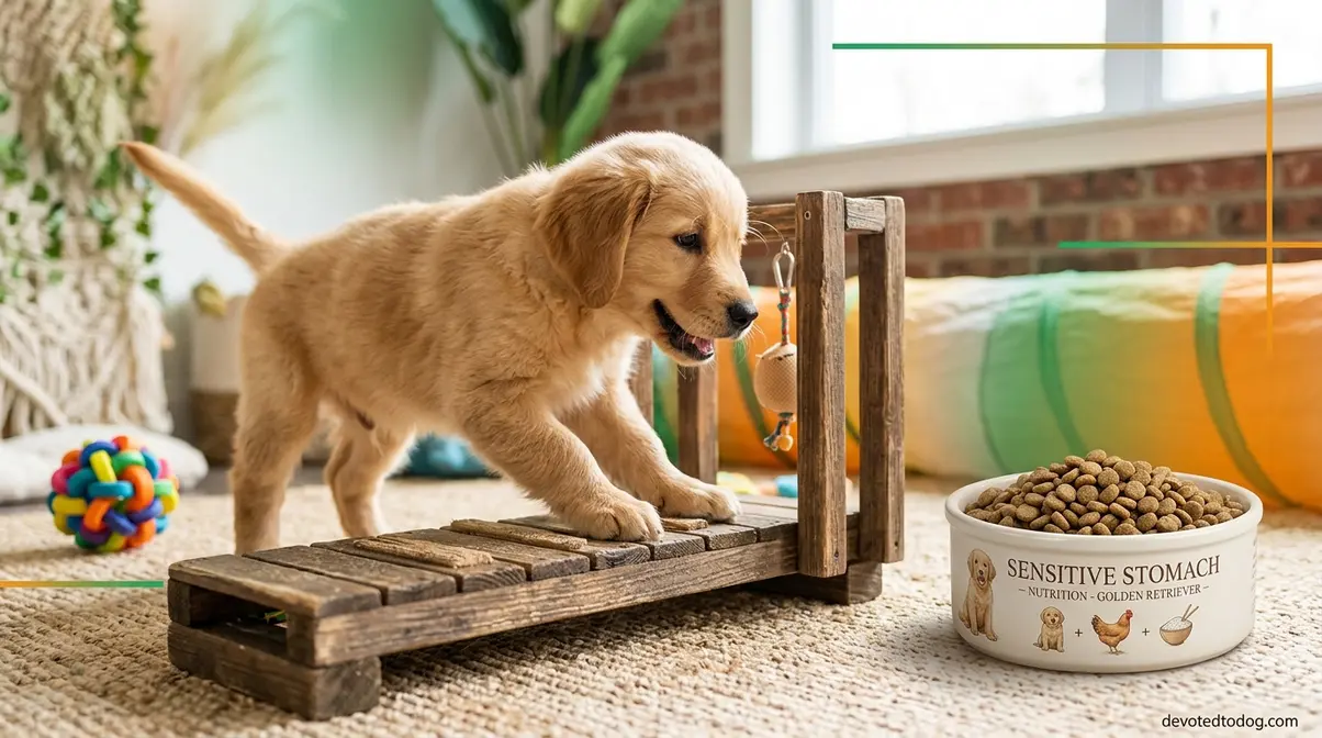 Golden Retriever puppy socialization and premium nutrition for sensitive stomachs