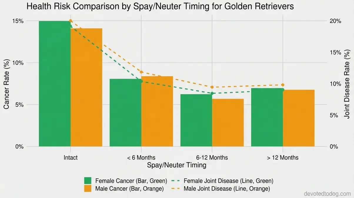 Chart comparing spay and neuter timing health risks for male and female golden retrievers including cancer and joint disease rates