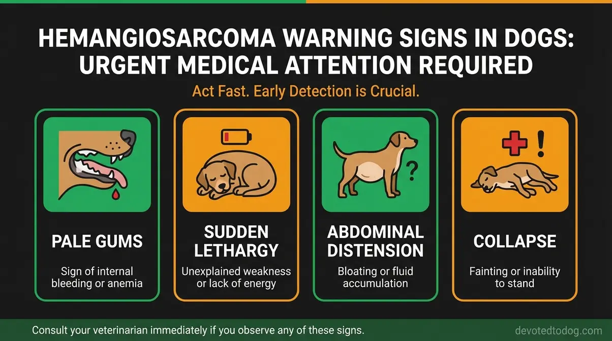 Infographic showing early warning signs of hemangiosarcoma the silent killer cancer in golden retrievers including pale gums and sudden collapse