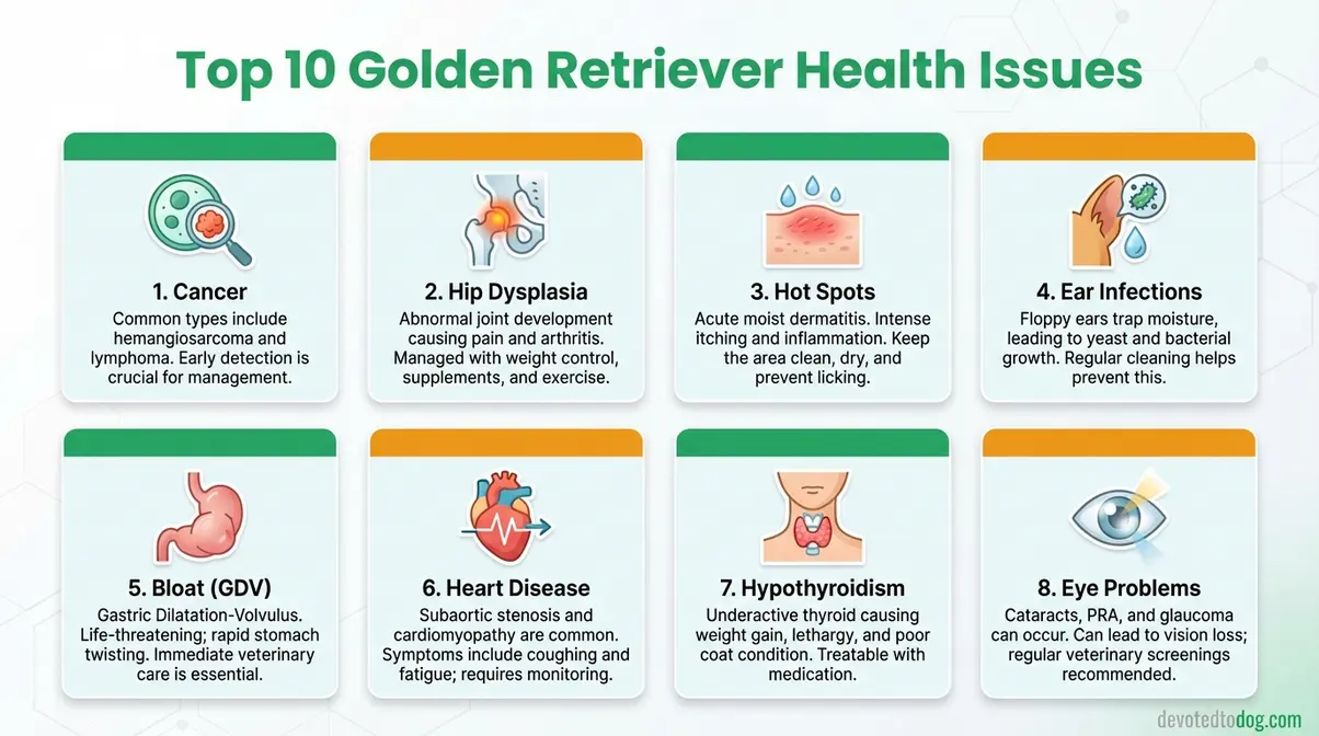 Infographic showing the 10 most common golden retriever health issues with early warning signs listed for each condition