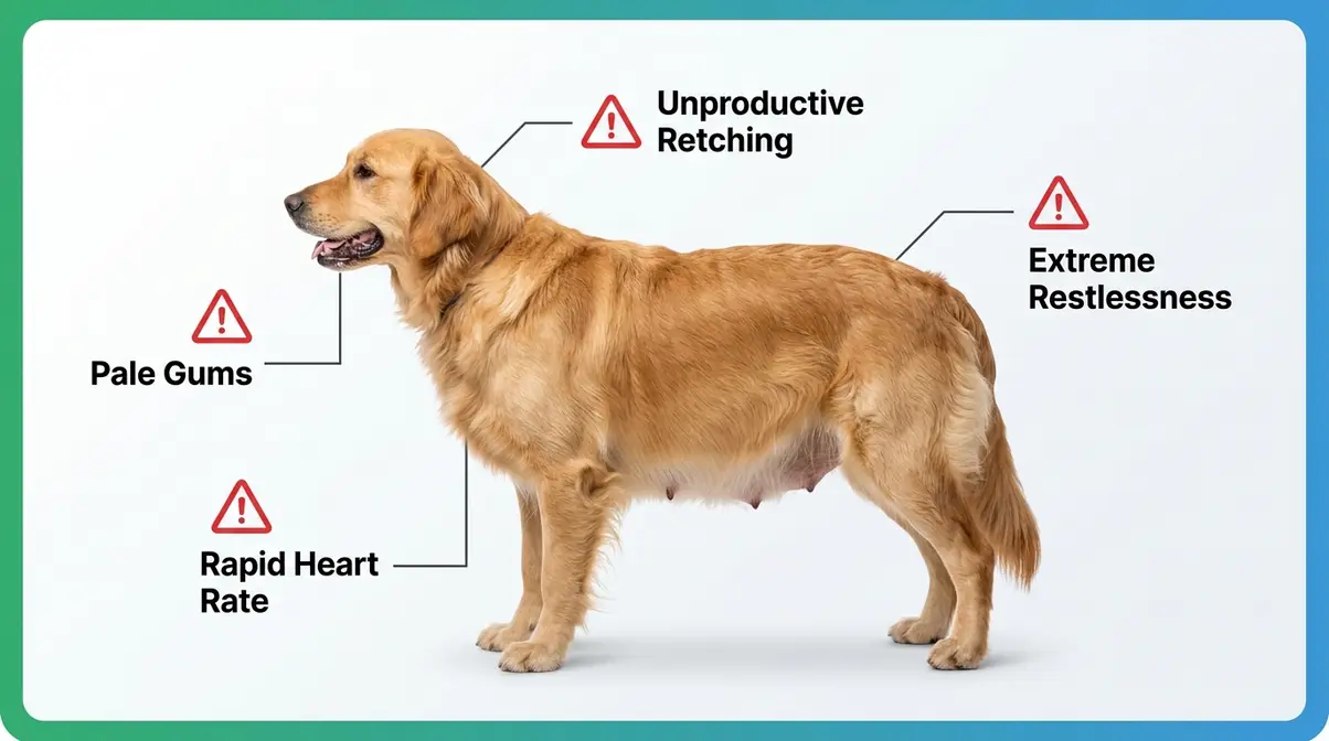 Golden Retriever showing bloat GDV emergency warning signs including distended abdomen and unproductive retching