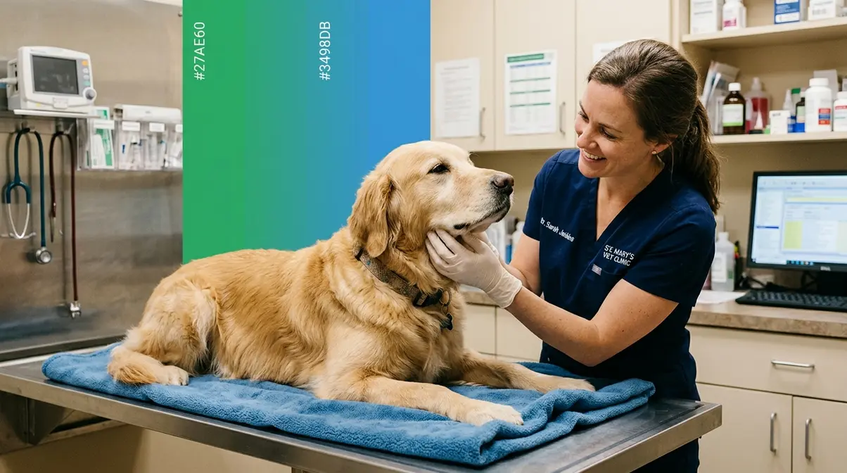 Veterinarian examining a Golden Retriever for cancer warning signs including lymph node swelling