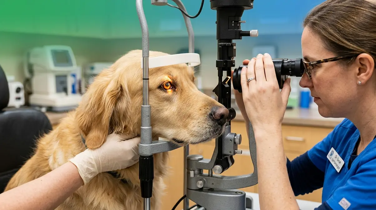 Veterinary ophthalmologist examining Golden Retriever eye for pigmentary uveitis cataracts and retinal atrophy