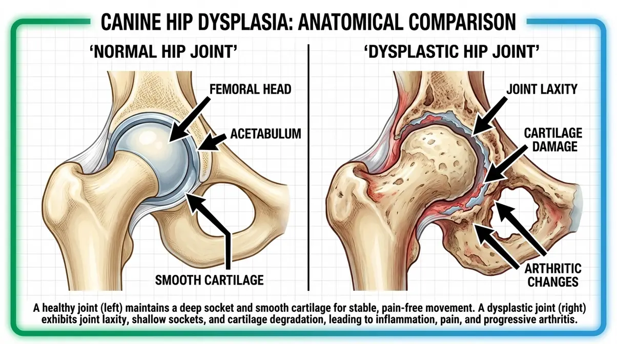 Anatomical diagram comparing normal hip joint versus dysplastic hip joint in a Golden Retriever showing arthritis progression