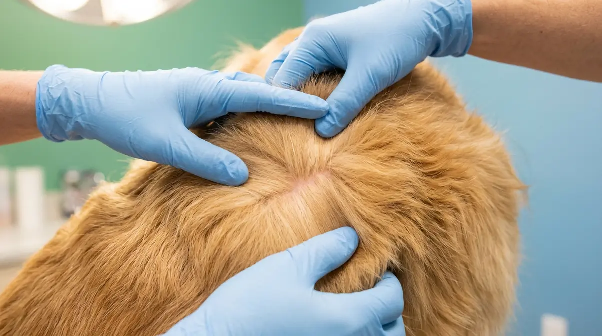 Veterinarian examining Golden Retriever dense double coat that traps moisture causing hot spots and skin conditions