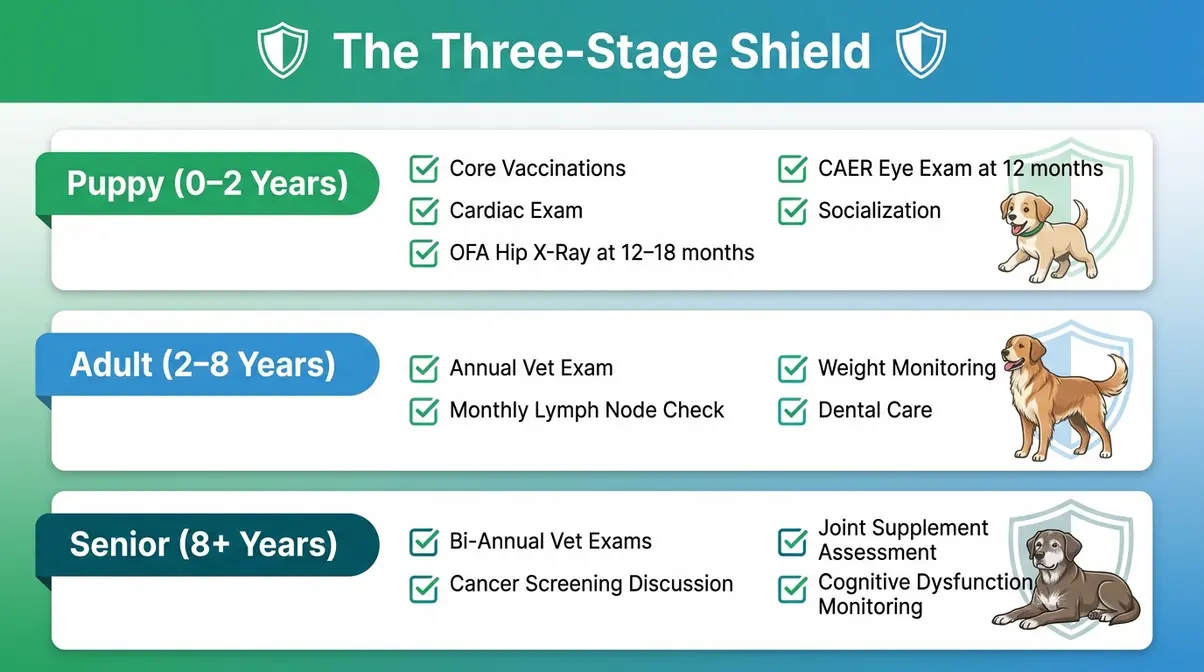 Printable checklist showing golden retriever health screening milestones for puppy adult and senior life stages