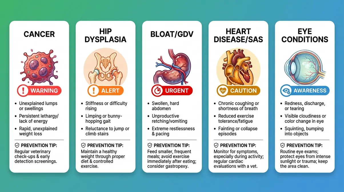 Infographic showing top five golden retriever health problems including cancer hip dysplasia and bloat with warning signs