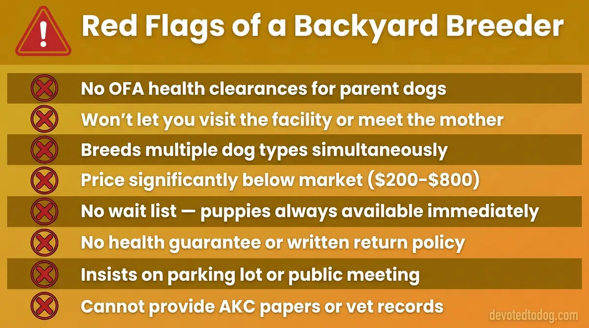 Checklist infographic showing eight red flags to identify puppy mills and backyard golden retriever breeders before buying