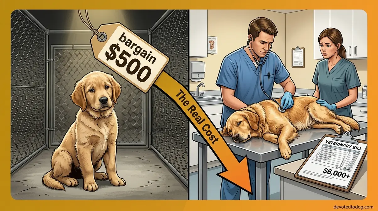 Illustration showing how a $500 cheap golden retriever puppy leads to thousands in veterinary bills from genetic health problems