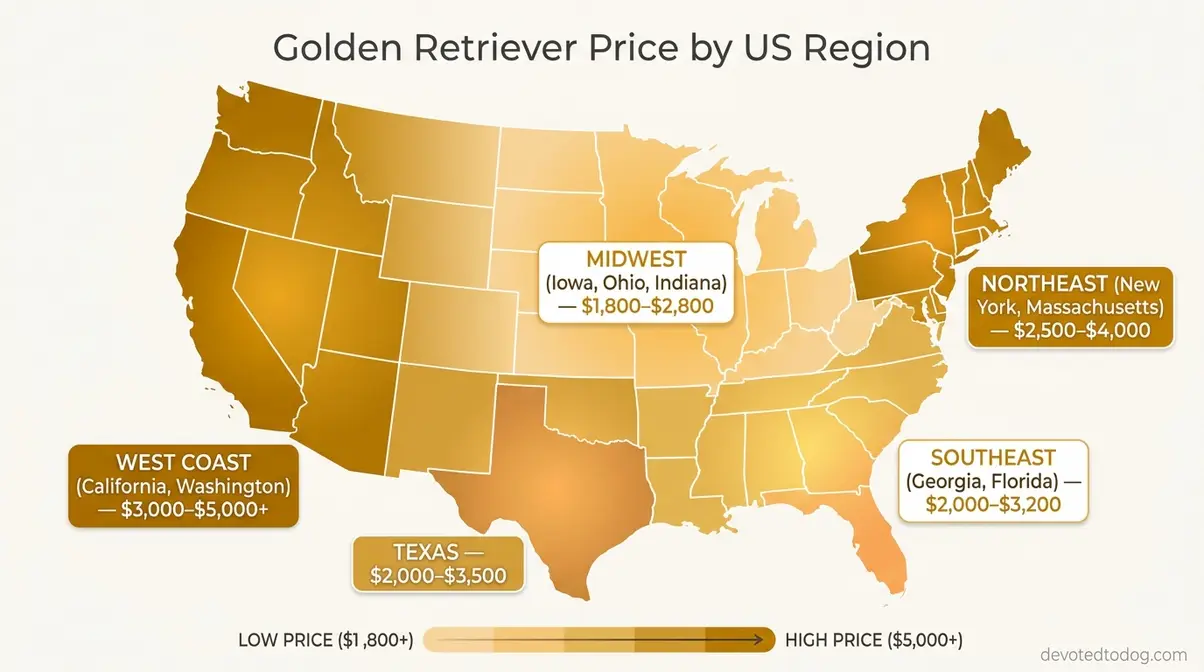 US map showing average golden retriever cost by region from $1,800 in the Midwest to $5,000 on the West Coast