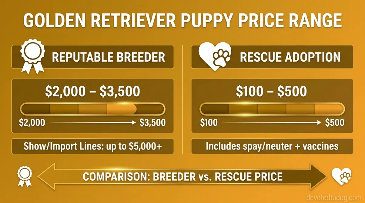 Infographic comparing golden retriever cost from reputable breeders at $2,000 to $3,500 versus rescue adoption at $100 to $500