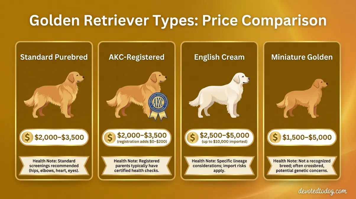 Comparison chart of golden retriever types and prices showing standard, AKC-registered, English Cream, and miniature varieties