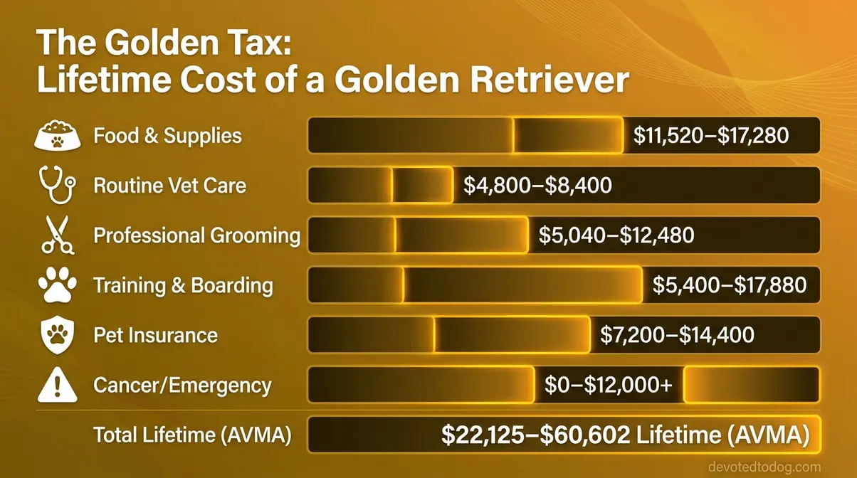 Infographic showing golden retriever lifetime cost breakdown by category totaling $22,000 to $60,000 over twelve years