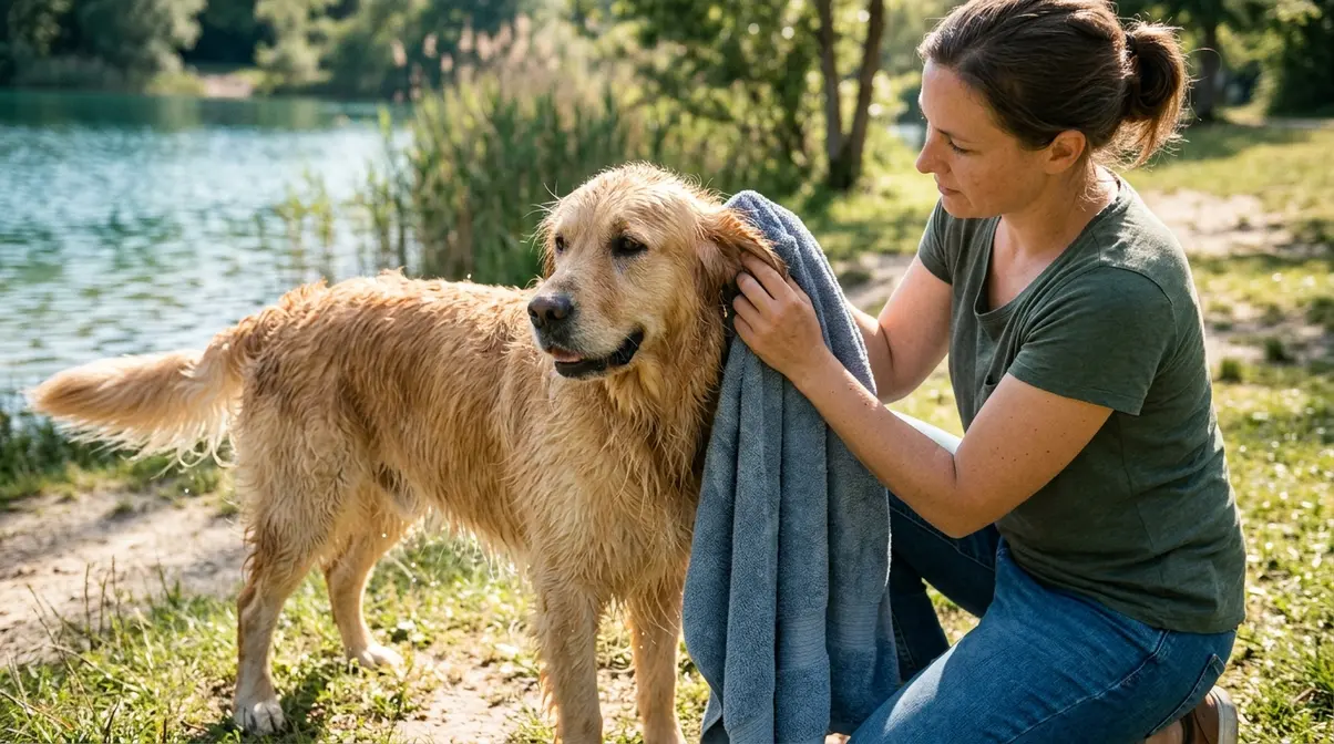Owner using a soft towel to thoroughly dry a Golden Retriever