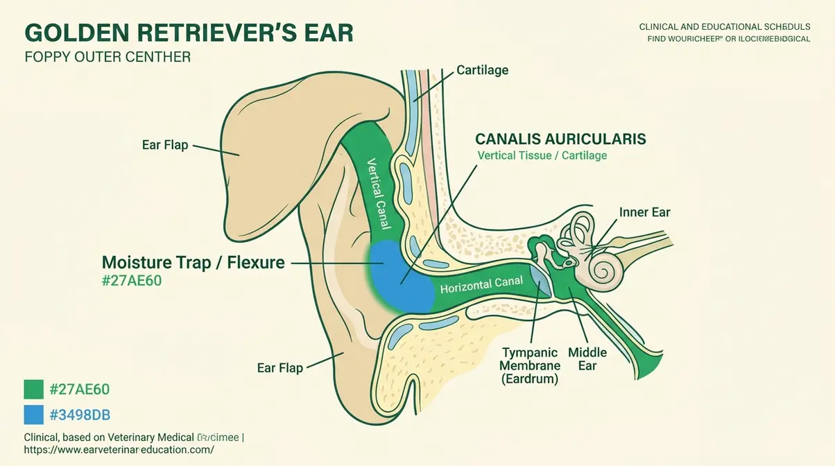 Illustrated diagram of a Golden Retriever ear canal showing the L-shaped structure and moisture trap zone for golden retriever ear infection prevention